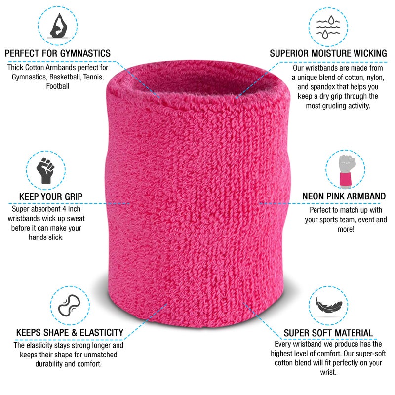 Suddora Arm Sweatbands, Absorbent and Breathable Thick Cotton Bands for Working Out, Gymnastics, Basketball, Tennis, and Football, Multiuse 4-inch Wristbands for Costumes, Neon Pink - Image 2